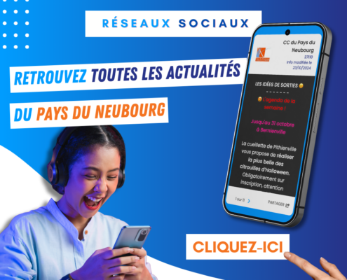 Encart publicitaire incitant à cliquer pour retrouver les réseaux sociaux de la communauté de communes du Pays du Neubourg